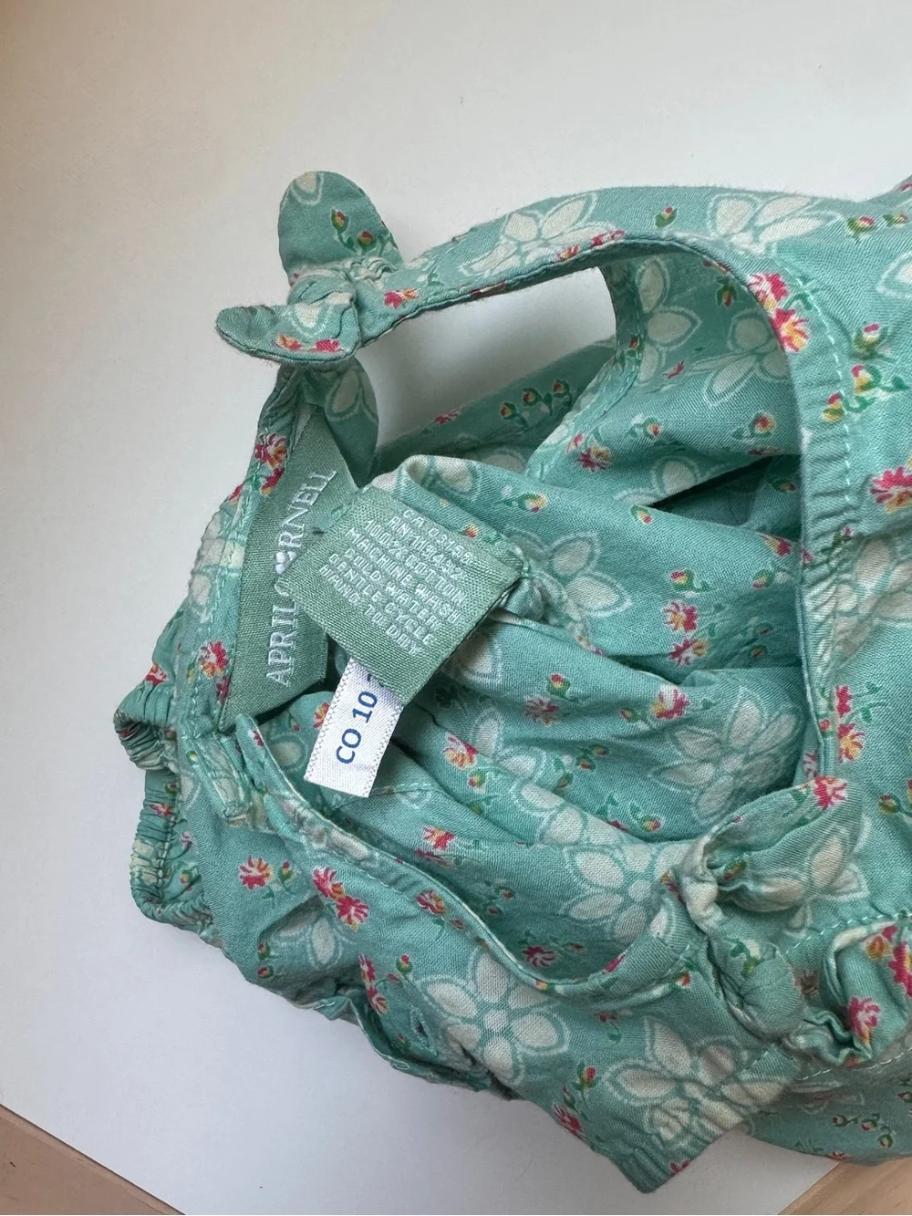 April Cornell Green Floral Cotton Bubble Romper with Sun Hat 6-12m